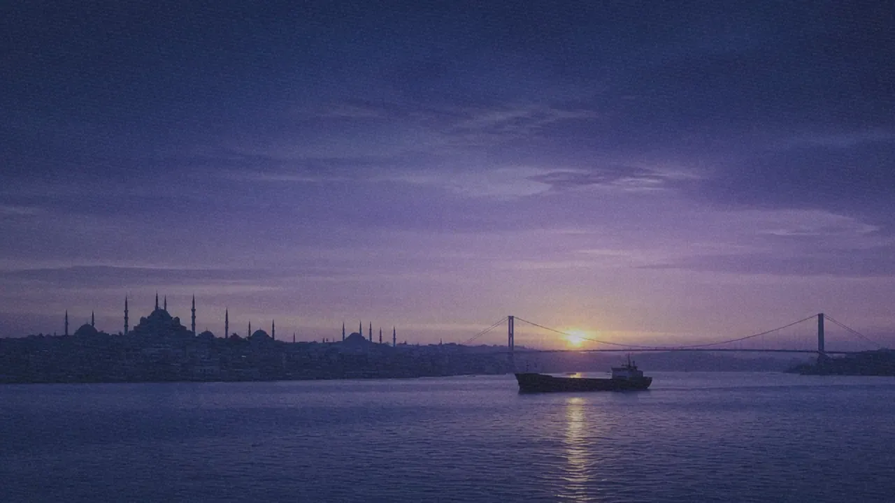 Istanbul skyline and the Bosphorus bridge at sunrise, with a cargo ship on the water