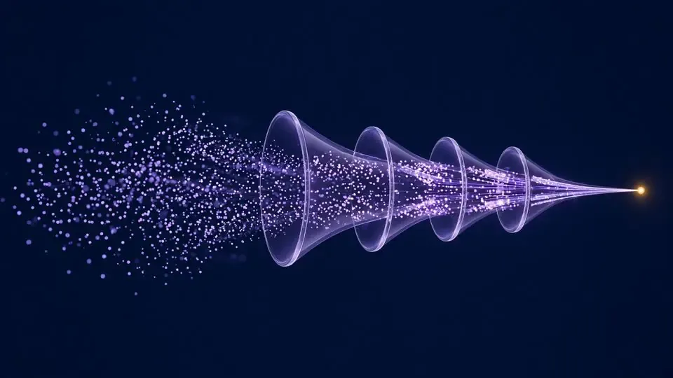 Glowing particles flowing through glass filter rings and narrowing into one bright point