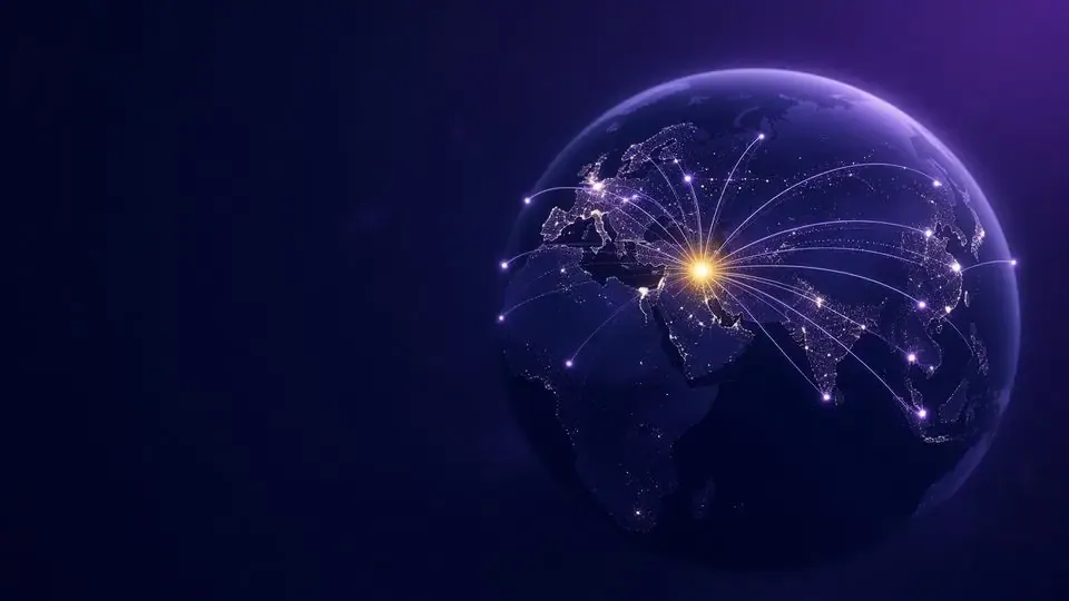 Night globe with light arcs connecting Türkiye to Europe, the Middle East and Asia