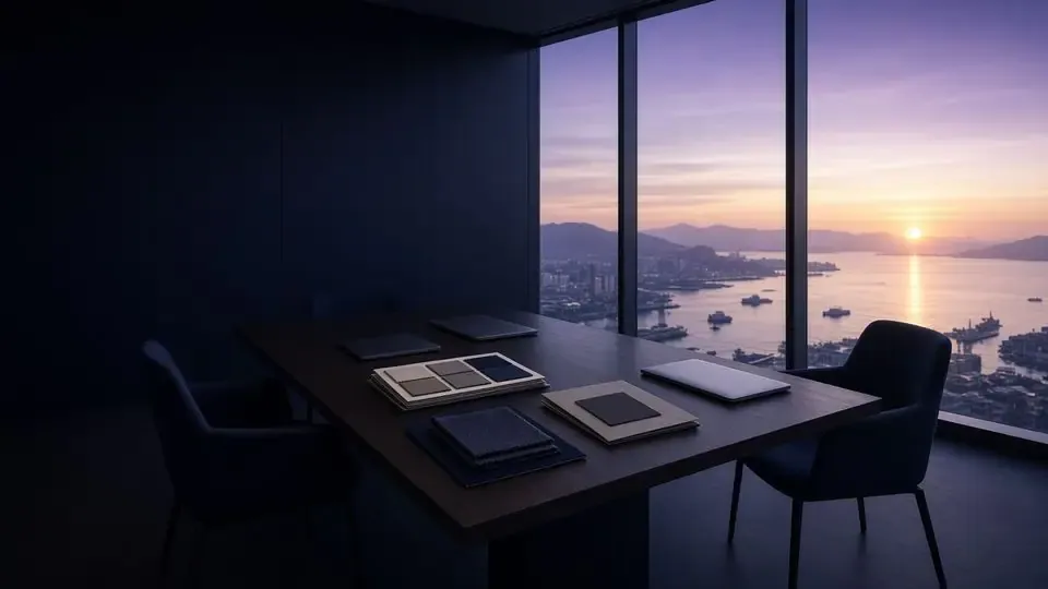 Empty meeting room with fabric sample books on the table, overlooking a harbor at sunrise