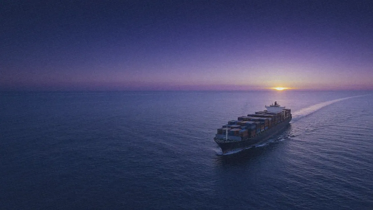 Loaded container ship crossing the open sea toward a dawn horizon