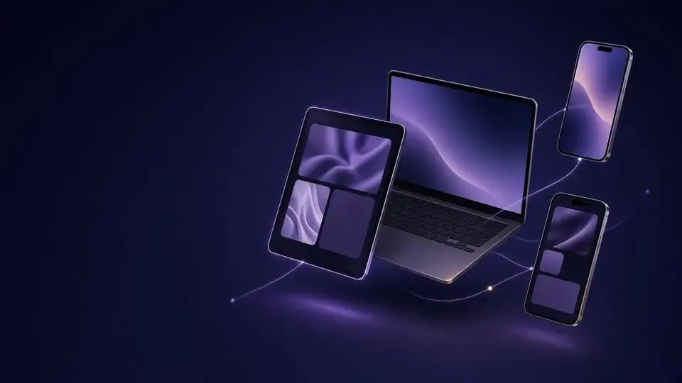 Floating laptop, tablet and phones with abstract gradient screens linked by light lines