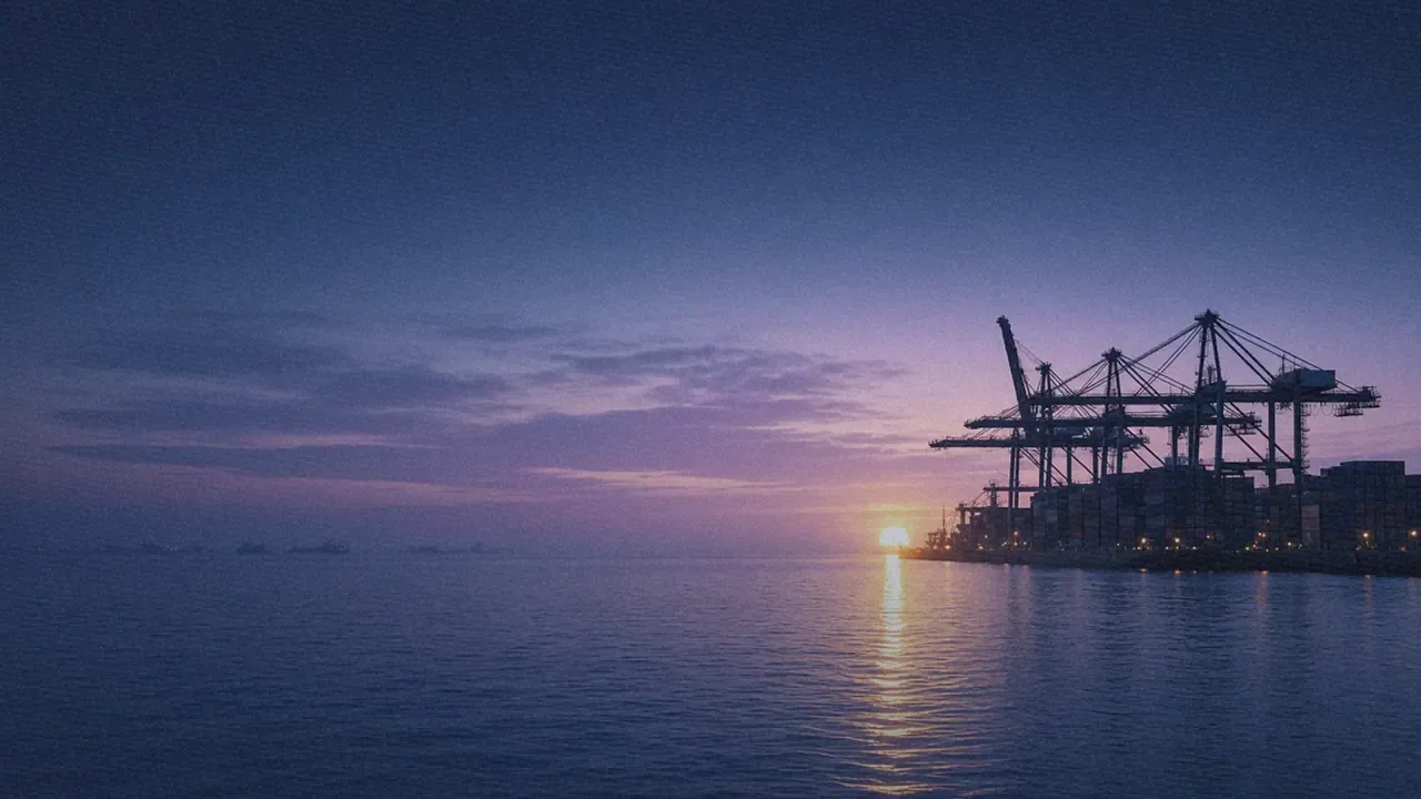 Container port cranes silhouetted at dawn, with the rising sun reflected on a calm sea