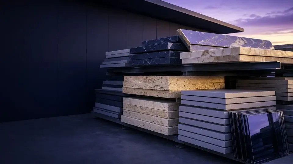 Stacked marble and travertine slabs and glass panels in a stone yard at dusk