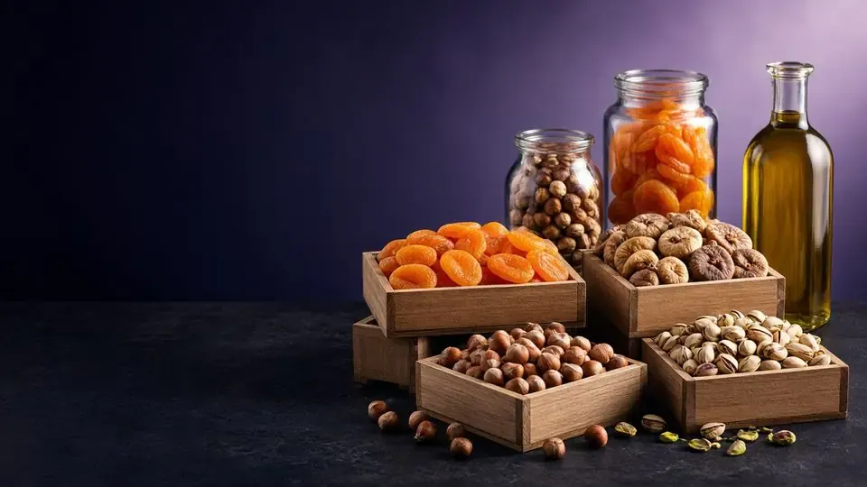 Dried apricots, figs, hazelnuts and pistachios in wooden crates beside olive oil