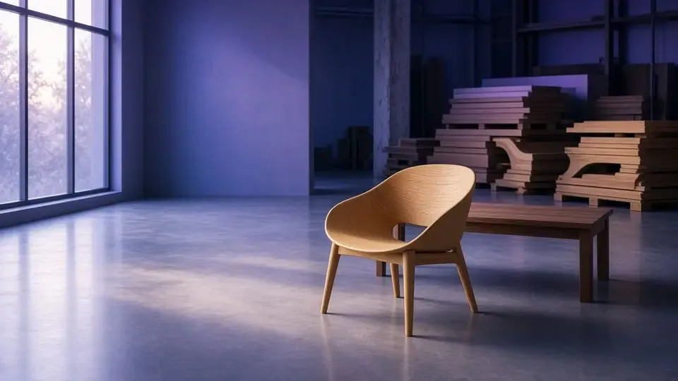Solid-wood lounge chair and table in a furniture workshop at dawn