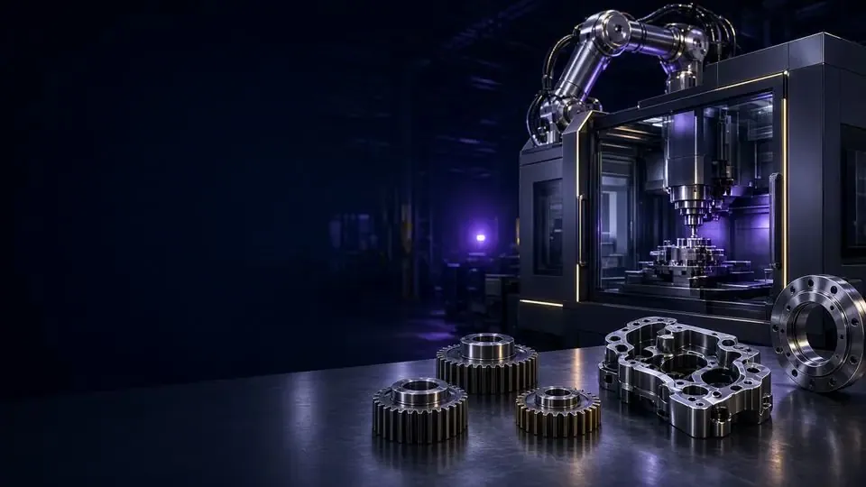 CNC machine, robotic arm and polished steel parts in a dark factory hall