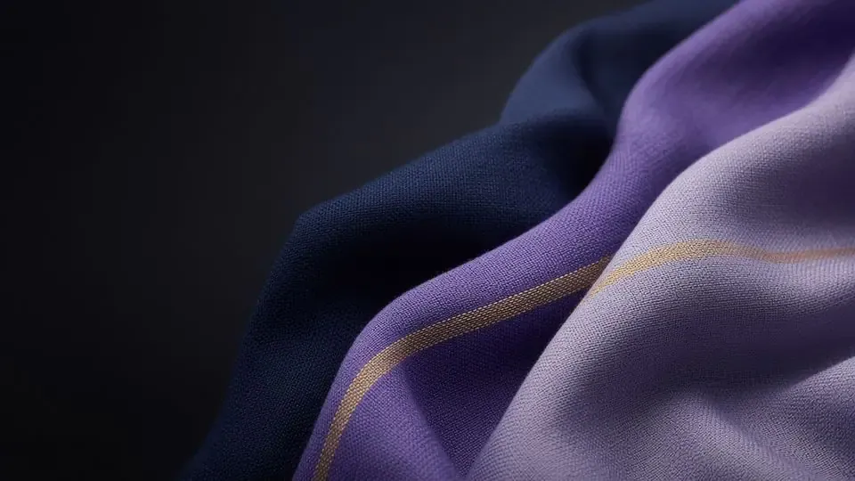Close-up of draped woven fabrics in navy, violet and lavender with a gold thread